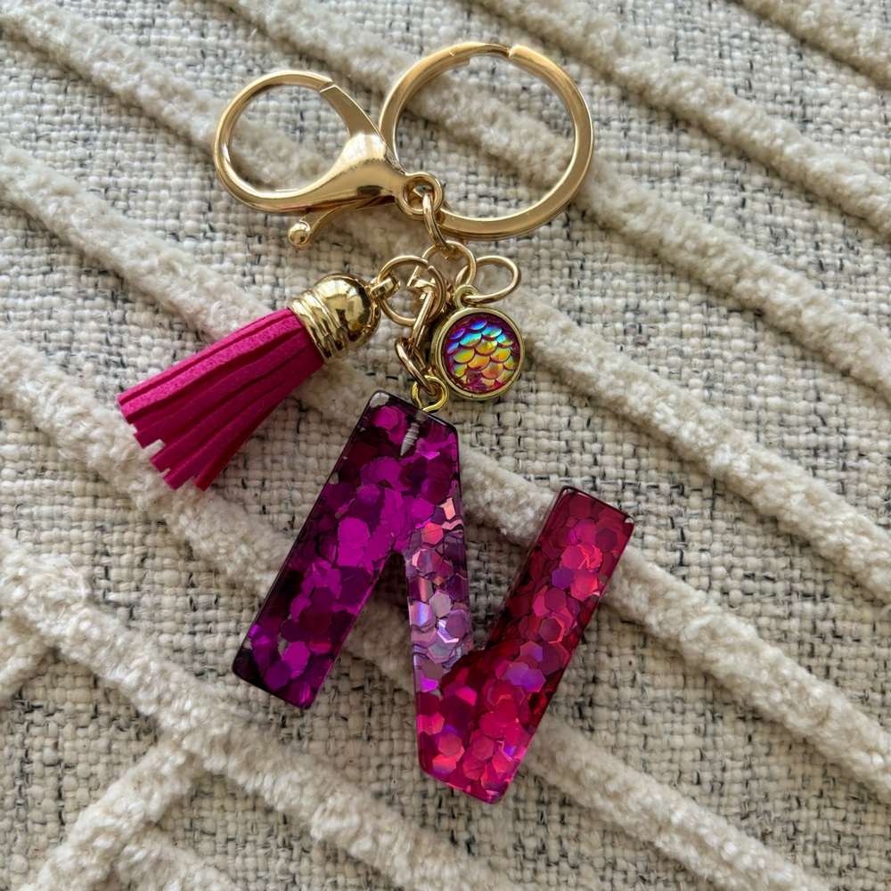 Pink Monogram Letter N Sequin Keychain w/ Tassle NWOT Charm
